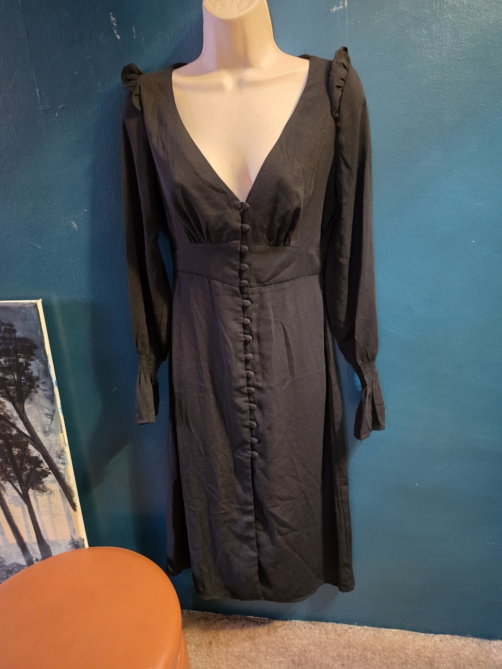 Nasty Gal Black Midi Dress Size 6 NWT Long Sleeve Button Down V-Neck
